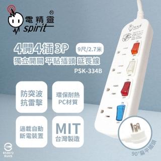 【電精靈spirit】2入組 台灣製造 PSK-334B 9尺 2.7米 4開4插 3P 扁平插頭 電腦延長線