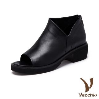 【Vecchio】真皮休閒鞋 粗跟休閒鞋/全真皮頭層牛皮魚口露趾復古粗跟休閒鞋(黑)