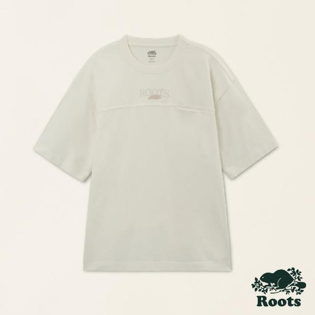 【Roots】Roots男裝-舒適生活系列 刺繡海狸文字厚磅有機棉短袖T恤(白色)