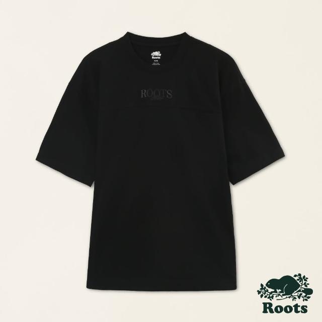 【Roots】Roots男裝-舒適生活系列 刺繡海狸文字厚磅有機棉短袖T恤(黑色)
