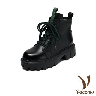 【Vecchio】真皮短靴 粗跟短靴/全真皮頭層牛皮復古撞色繫帶粗跟短靴(黑)