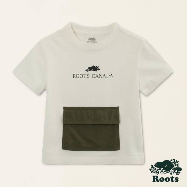【Roots】Roots小童-舒適生活系列 大口袋文字LOGO有機棉短袖T恤(白色)