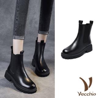 【Vecchio】真皮短靴 牛皮短靴/全真皮頭層牛皮舒適經典百搭切爾西短靴(黑)