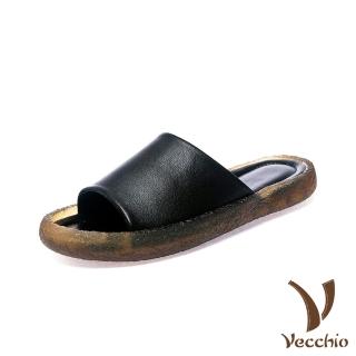 【Vecchio】真皮拖鞋 牛皮拖鞋/全真皮頭層牛皮護趾設計經典軟底拖鞋(黑)
