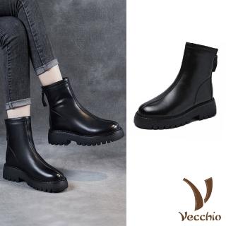 【Vecchio】真皮短靴 牛皮短靴/全真皮頭層牛皮俐落版型後拉鍊造型短靴(黑)