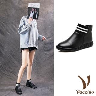 【Vecchio】真皮短靴 平底短靴/真皮頭層牛皮撞色織帶舒適平底短靴(黑)