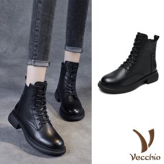【Vecchio】真皮馬丁靴 牛皮馬丁靴/全真皮頭層牛皮潮流個性車線經典馬丁靴(黑)