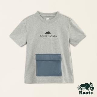 【Roots】Roots大童-舒適生活系列 大口袋文字LOGO有機棉短袖T恤(灰色)
