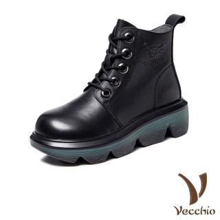 【Vecchio】真皮馬丁靴 厚底馬丁靴/全真皮頭層牛皮輕量復古繫帶鬆糕厚底馬丁靴(黑)