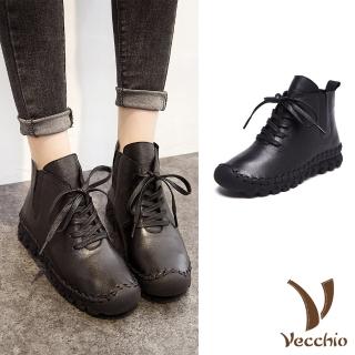 【Vecchio】真皮短靴 厚底短靴/全真皮頭層牛皮手工縫線復古百搭厚底短靴(黑)
