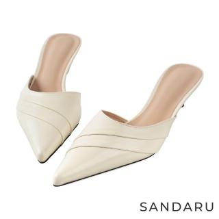 【SANDARU 山打努】穆勒鞋 尖頭壓摺設計細跟拖鞋(米白)
