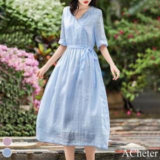 【ACheter】棉麻連身裙中式純色海邊度假風木耳邊v領小個子長裙五分短袖洋裝#118794(粉/藍)