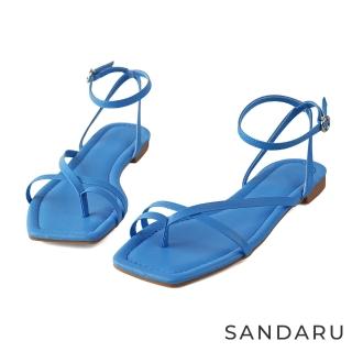 【SANDARU 山打努】涼鞋 細帶層次交叉套指平底涼鞋(藍)