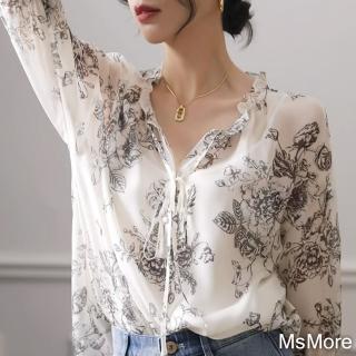 【MsMore】JI簡主義美學雙喬絲質印花七分袖寬鬆短版+小可愛上衣#118761(花紋)