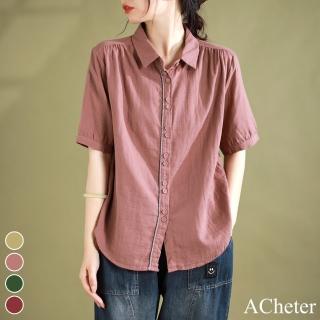 【ACheter】原創文藝復古短袖雙層棉紗襯衫顯瘦單排扣純色短版上衣#118801(4色)