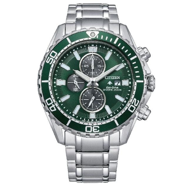 【CITIZEN 星辰】PROMASTER 光動能三眼計時時尚男士腕錶 綠面 44.5mm(CA0820-50X)