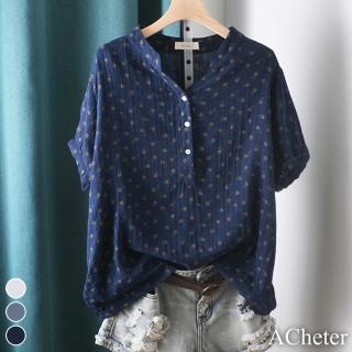 【ACheter】日系點點印花V領修身顯瘦寬鬆涼感短袖棉麻襯衫上衣#112271(白/藍/藏青)