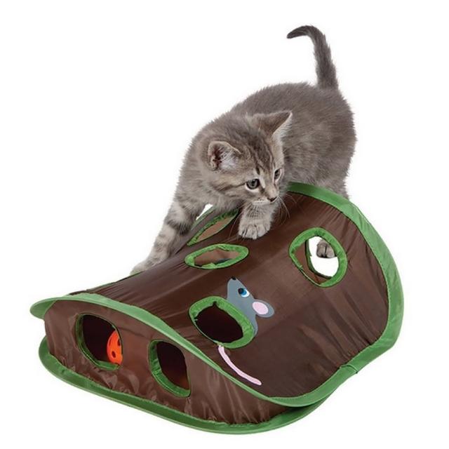 摺疊貓咪隧道窩-附老鼠+鈴鐺玩具球(貓窩 貓隧道 貓洞 兔子隧道 寵物帳棚隧道 逗貓玩具 貓咪玩具)