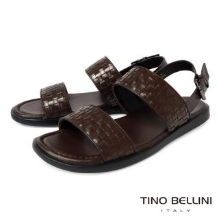 【TINO BELLINI 貝里尼】男款 牛皮編織寬面後調節釦帶涼鞋HM0T010(咖啡)