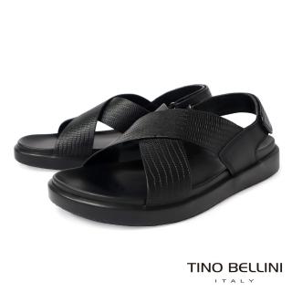 【TINO BELLINI 貝里尼】男款 牛皮粗獷紋理交叉造型寬帶涼鞋HM0O004(黑)