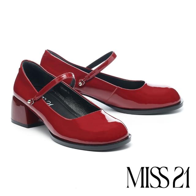 【MISS 21】前衛懷舊風釦環兩穿繫帶漆皮瑪莉珍高跟鞋(紅)