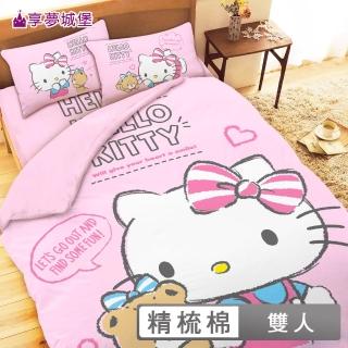 【享夢城堡】精梳棉雙人床包兩用被套四件組(HELLO KITTY 幸福小熊-粉)