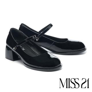 【MISS 21】前衛懷舊風釦環兩穿繫帶漆皮瑪莉珍高跟鞋(黑)