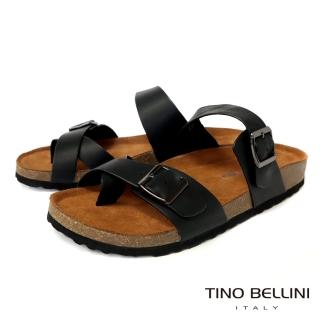 【TINO BELLINI 貝里尼】男款 牛皮簡約金屬調節環釦舒適涼拖鞋HM0O006(黑)