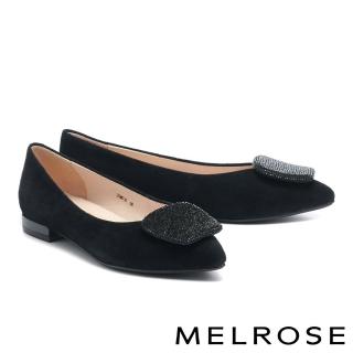 【MELROSE】美樂斯 璀璨時髦晶鑽方釦羊麂皮尖頭低跟鞋(黑)