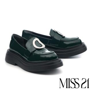 【MISS 21】復古學院風扭曲大釦牛漆皮樂福大頭厚底鞋(綠)