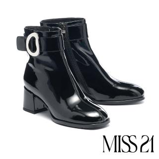 【MISS 21】復古時髦扭曲大釦牛漆皮方頭高跟短靴(黑)