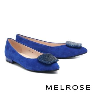 【MELROSE】美樂斯 璀璨時髦晶鑽方釦羊麂皮尖頭低跟鞋(藍)