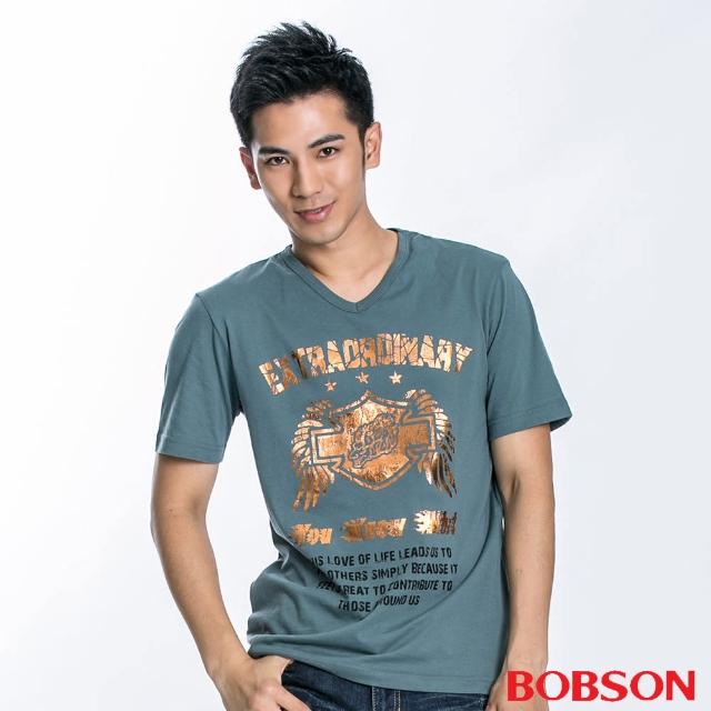 【BOBSON】男款炫金盾牌印圖短袖上衣(灰綠22039-49)
