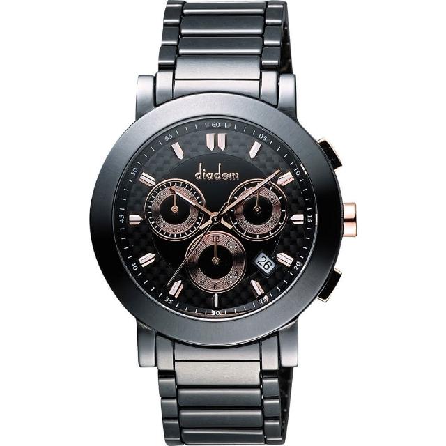 【Diadem】黛亞登 都會三眼計時陶瓷手錶-黑x玫塊金/41mm(8D1407-631RG-D)