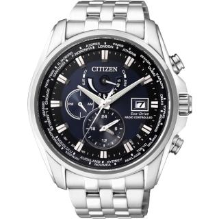 【CITIZEN】Eco-Drive 光動能電波三眼計時手錶-藍/44mm 送行動電源 畢業禮物(AT9031-52L)