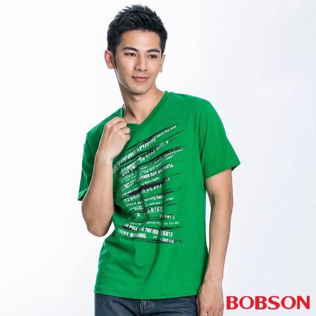【BOBSON】男款V領印圖短袖上衣(綠22027-40)