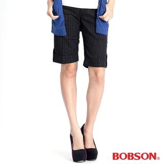 【BOBSON】女款條紋伸縮反褶五分褲(黑135-88)