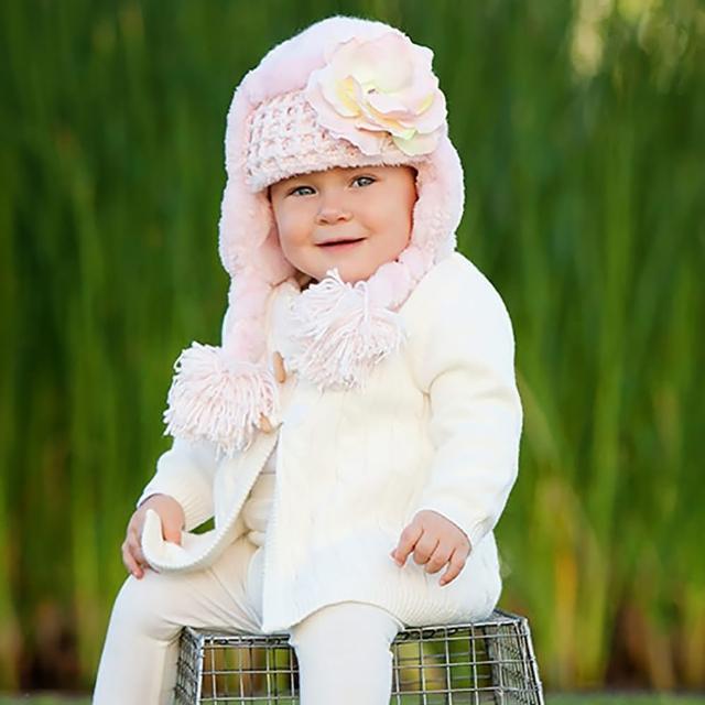 【美國Jamie Rae】女寶寶/女童100%保暖刷毛棉帽_淡粉保暖厚棉帽+淡雅淡粉玫瑰(JRWHR01)