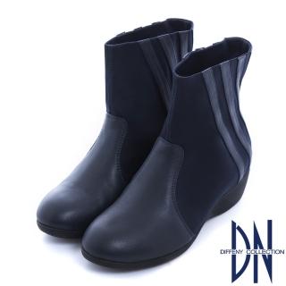 【DN】韓系精選 羊皮拼接彈性布料楔型中筒靴(深藍)