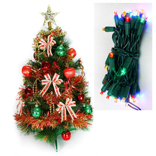 【摩達客】耶誕-2尺/2呎-60cm台灣製特級綠色松針葉聖誕樹(含紅金色系飾品組/含LED50燈彩色燈串/本島免運費)