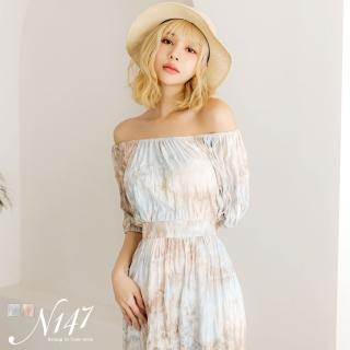 【N147】渲染顯瘦小腰封涼感雪紡長洋裝套裝《P382》戀愛藍粉(韓國女裝)