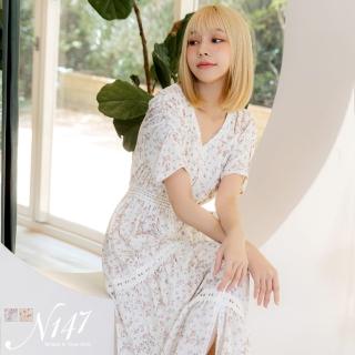 【N147】滿版小花葉片蕾絲造型雪紡長洋裝《P392》氣質杏(韓國女裝)