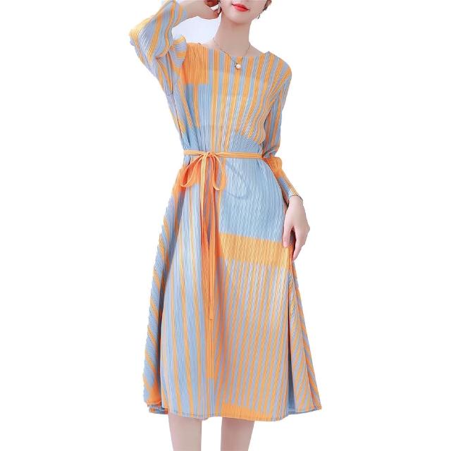 【羽生摺衣】i摺衣-日系 簡約風 方塊條 綁帶洋裝(共二色)