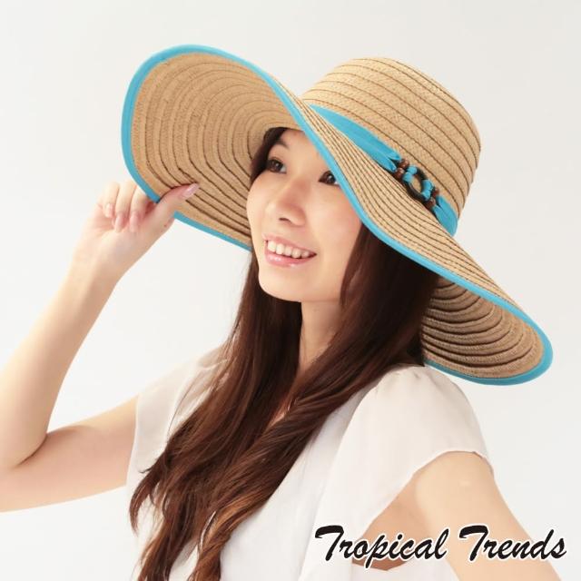 【美國 Tropical Trends】配色飾帶大帽簷渡假風遮陽草帽(天藍色)