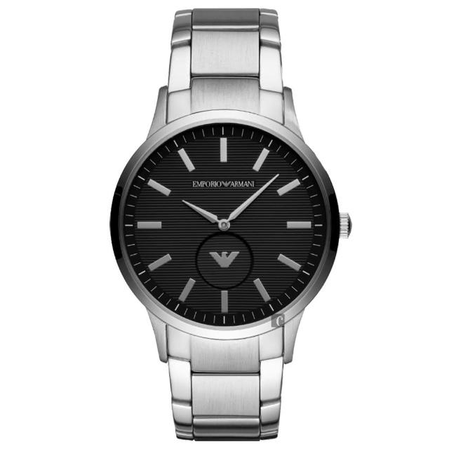 【EMPORIO ARMANI】亞曼尼LOGO小秒盤手錶-黑x銀/43mm(AR11118)