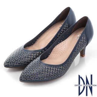 【DN】優雅時尚 質感簍空雕刻真皮跟鞋(藍)