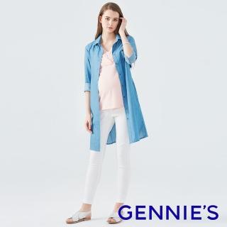 【Gennies 奇妮】牛仔綁帶襯衫外套-淺藍(孕婦裝 襯衫洋裝 牛仔洋裝 修身 長版 雙口袋)