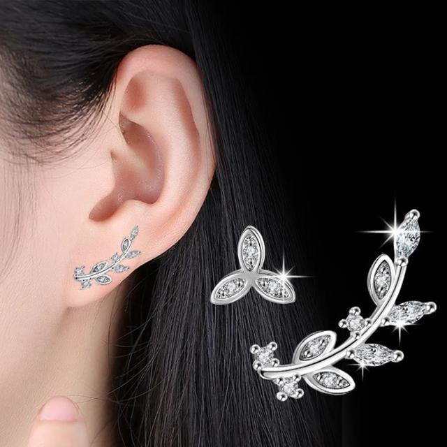 【Emi 艾迷】韓系清新含羞草花葉不對稱鋯石925銀針耳環