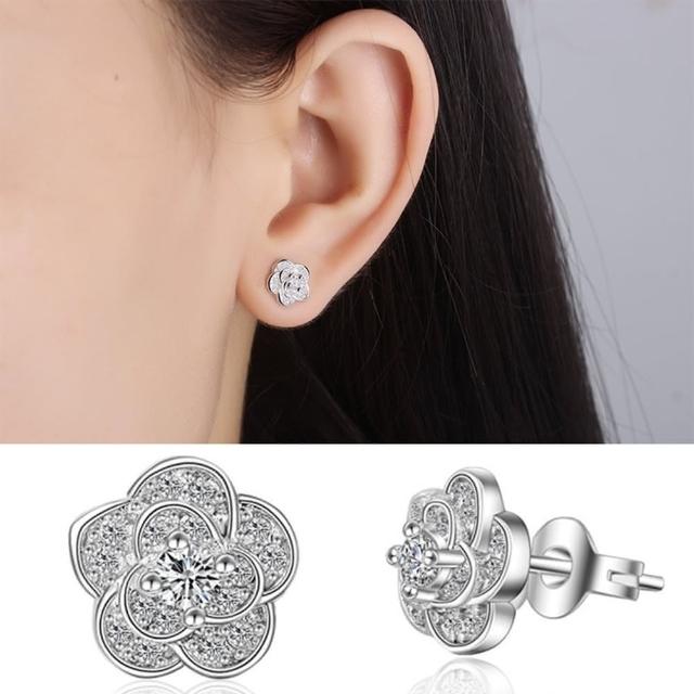【Emi 艾迷】韓系唯美花瓣鋯石微鑲925銀針耳環