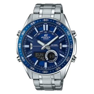 【CASIO 卡西歐】EDIFICE EFV-C100D-2A 雙顯男錶 不鏽鋼錶帶 藍色錶面 防水100米(EFV-C100D-2A)